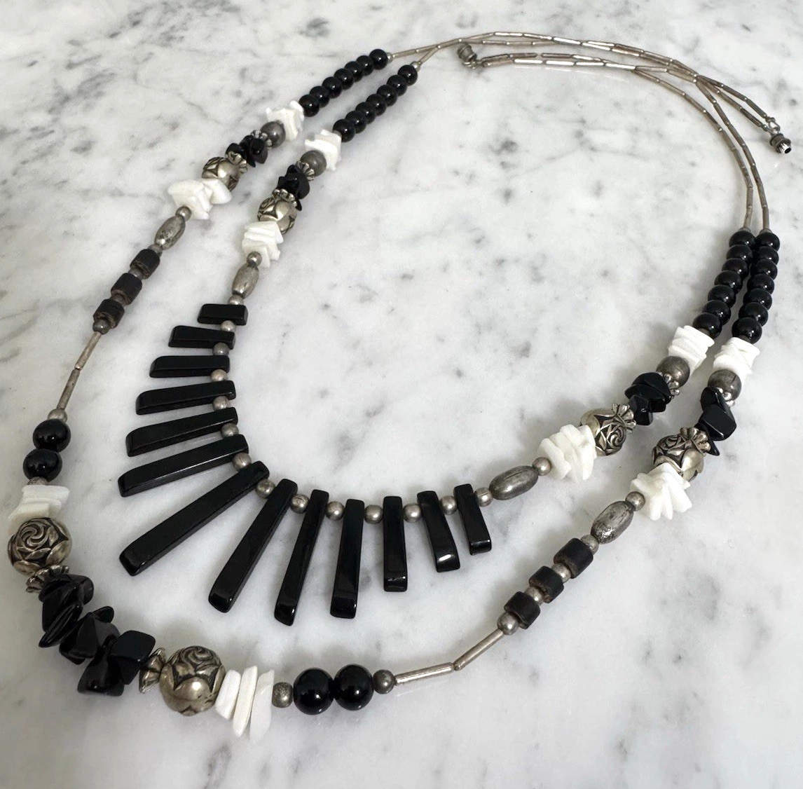 Vtg Silver Tone Liquid Silver Black Onyx Bead & Fringe 2-Strand Layered Necklace