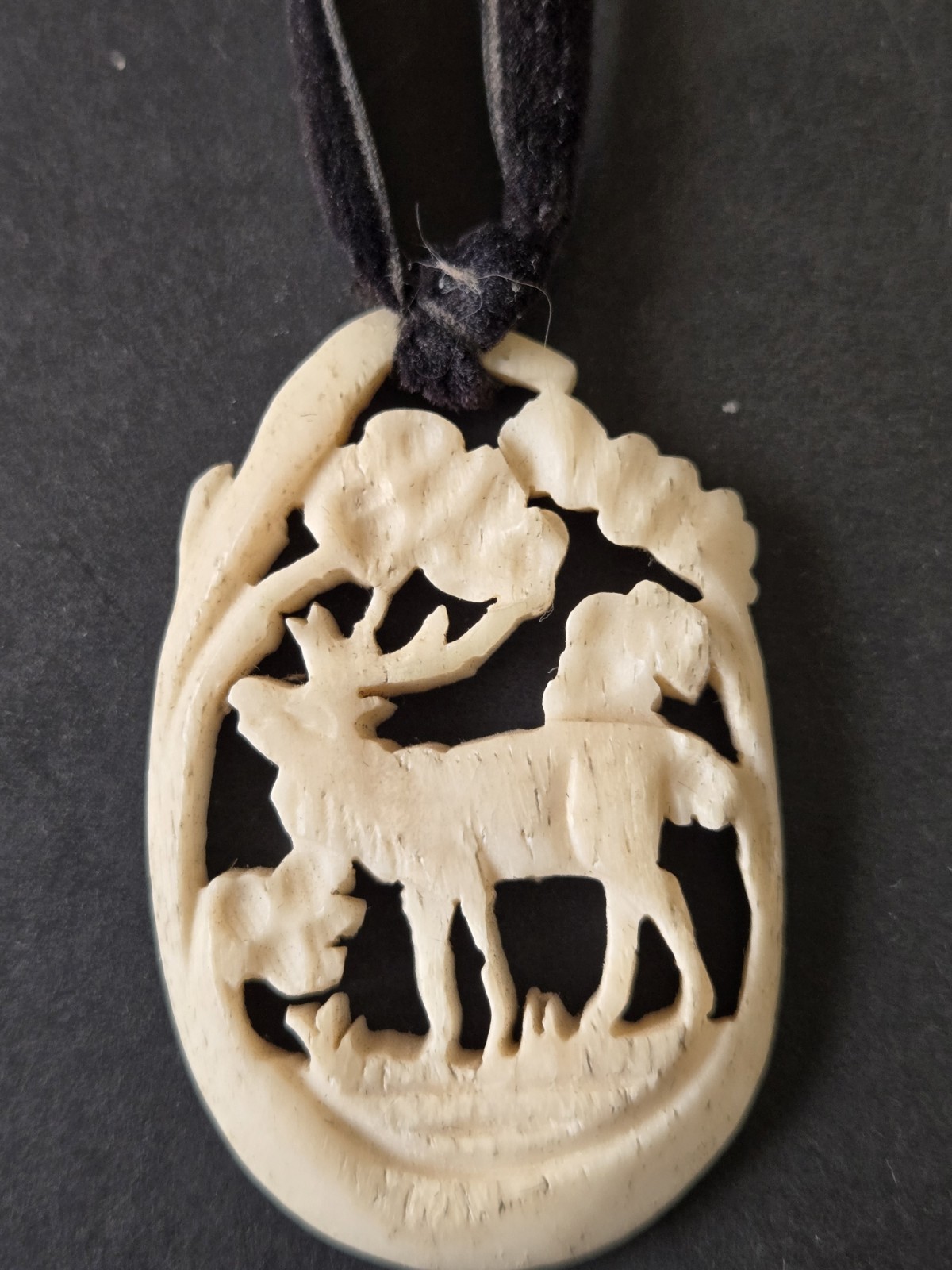 Antique Vintage Carved Antler Stag Elk Pendant w/ Leather 2 X 1 1/4 in.