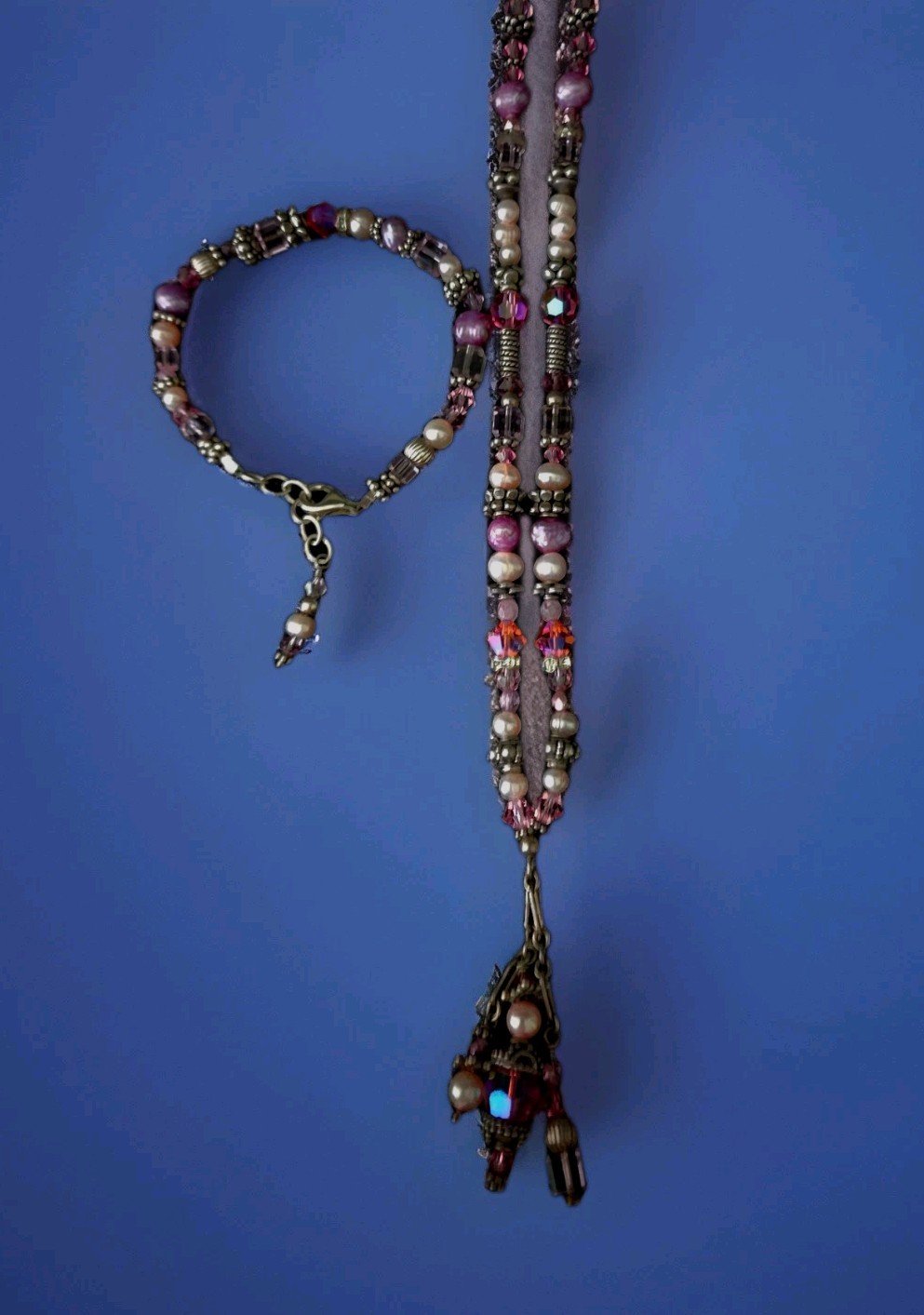 925 STERLING Necklace&Bracelet Multicolor PEARLS & Made With Swarovski CRYSTALS