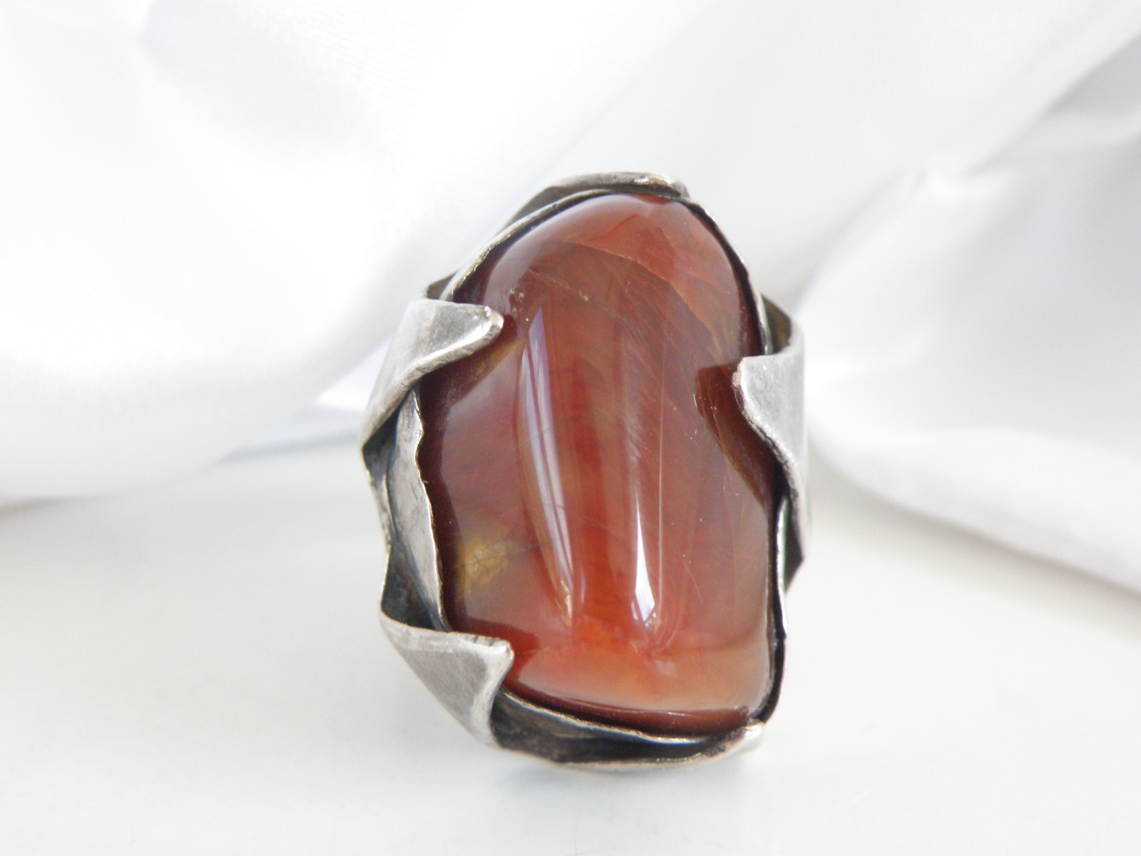 Vintage Sterling Silver 925 Banded Agate Brutalist Modernist Statement Ring 7