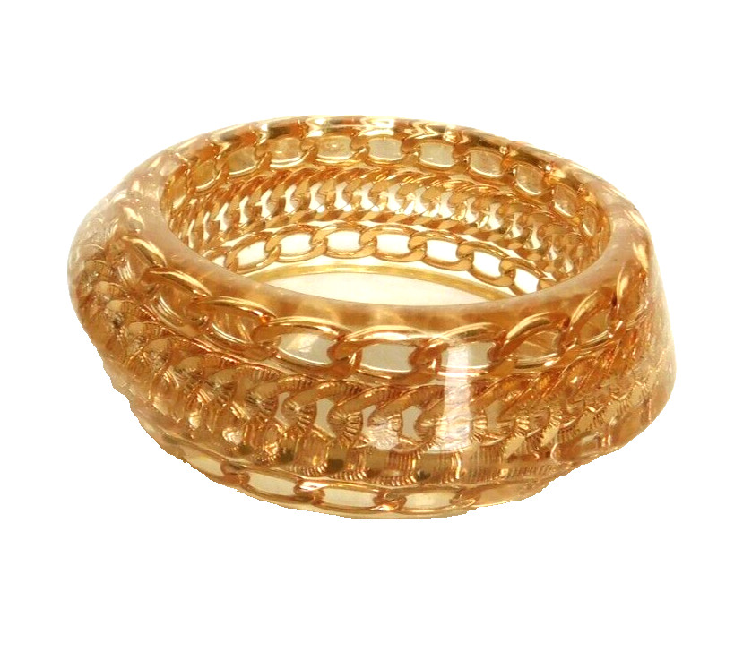 VTG Clear Resin with Embedded Metal Linking Chain Bangle Bracelet