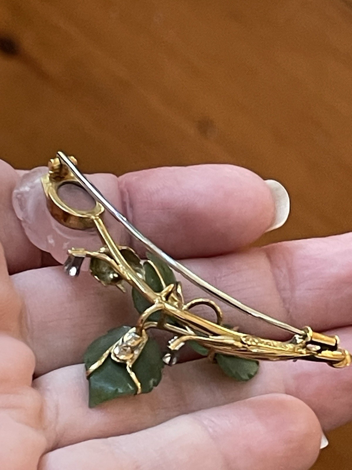 Stunning Vintage 750 18k Gold Jade Diamonds Rose Quartz Pin 13 Grams Rosebud