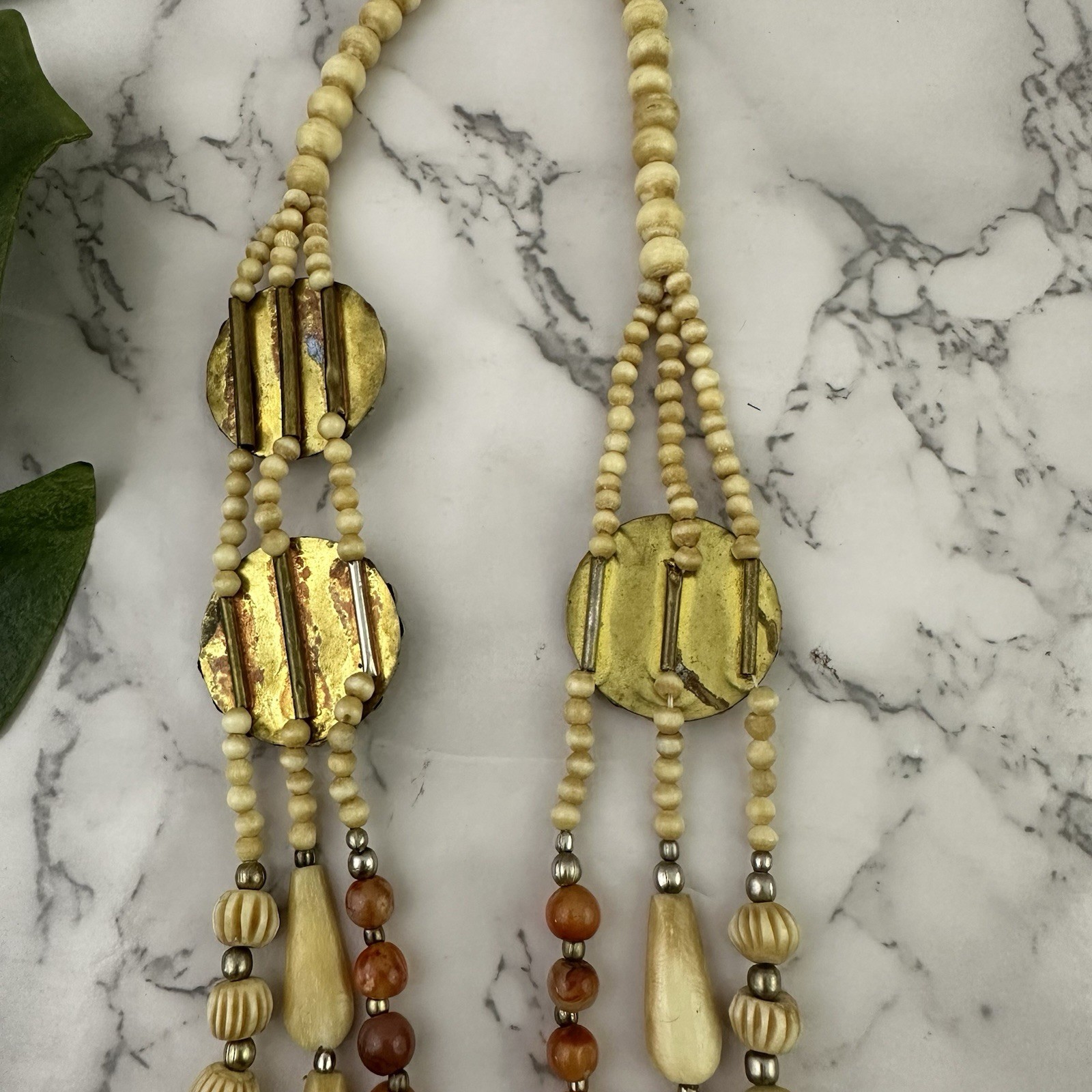 Vintage 70s Boho Layered Beaded Necklace Cream Orange Medallion Whimsygoth