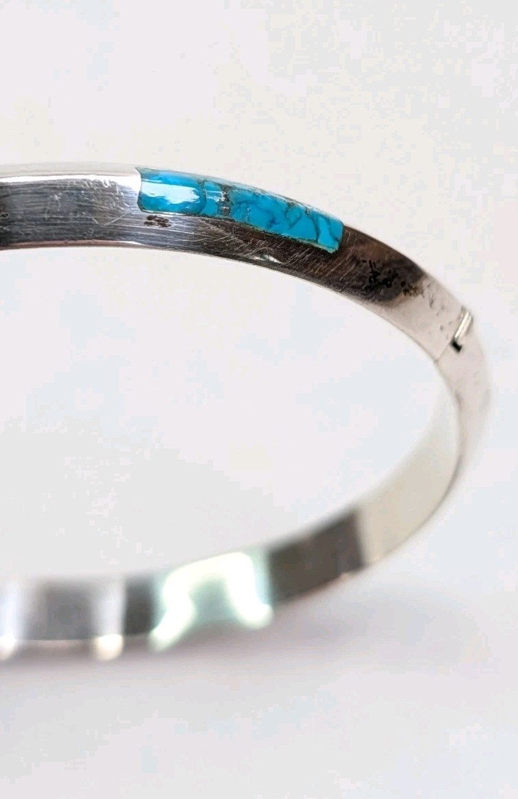 Vintage Turquoise Inlay Bangle Domed Sterling Silver Hinged Opening Size 7.25