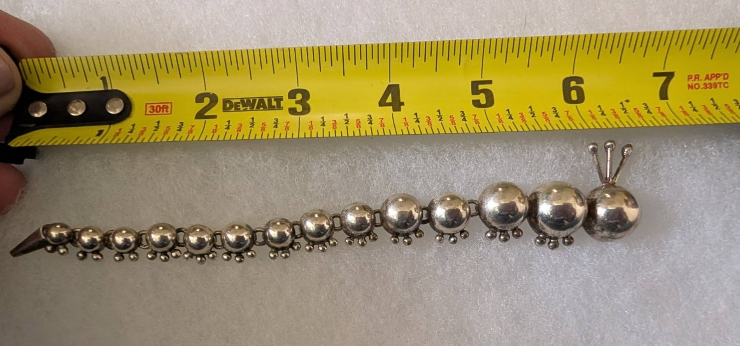 Vintage 925 Sterling silver Caterpillar Bug Insect Articulated 6.5″L Brooch Pin