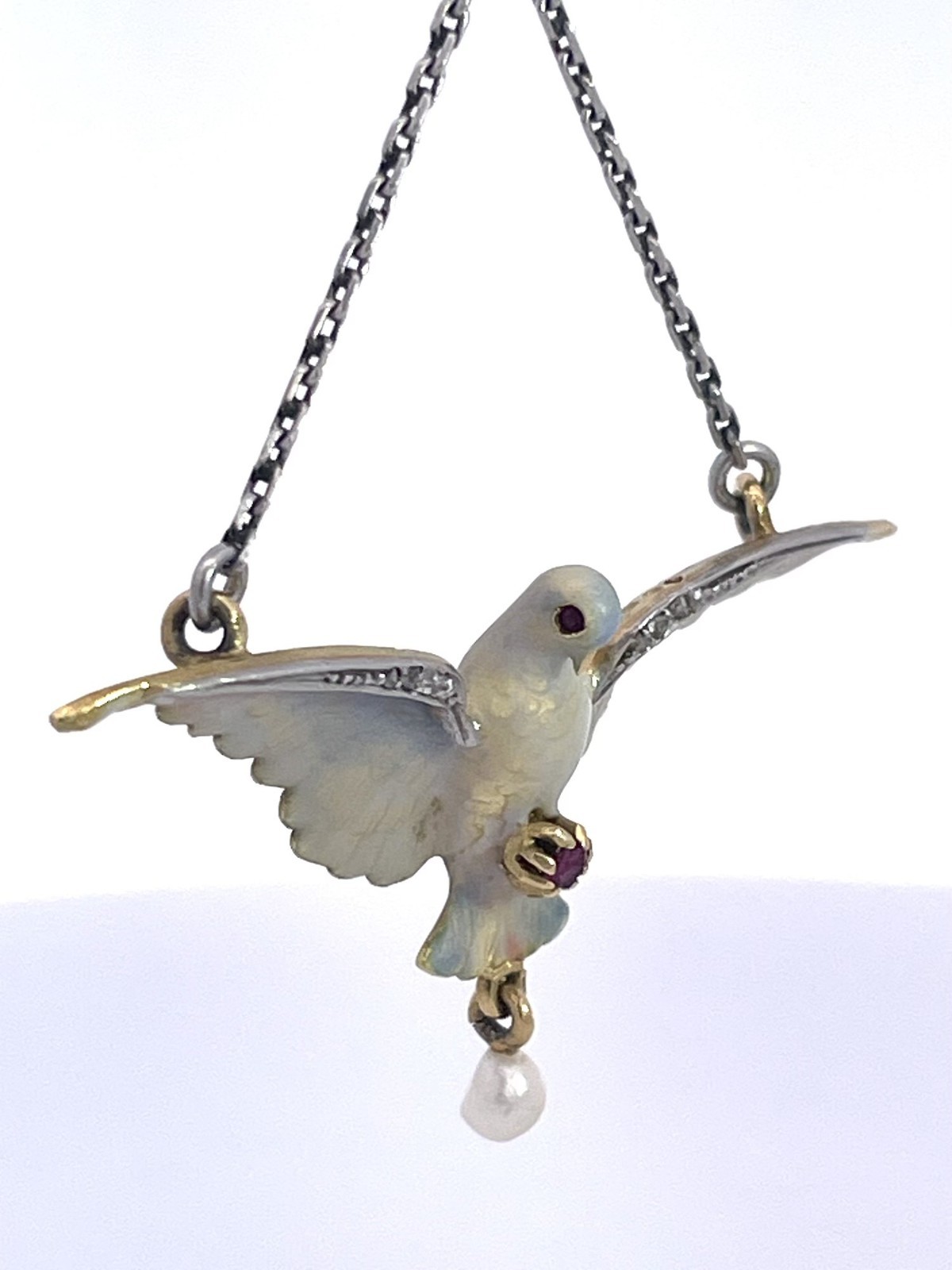 18K Enamel Dove on a Platinum Chain 17″ long