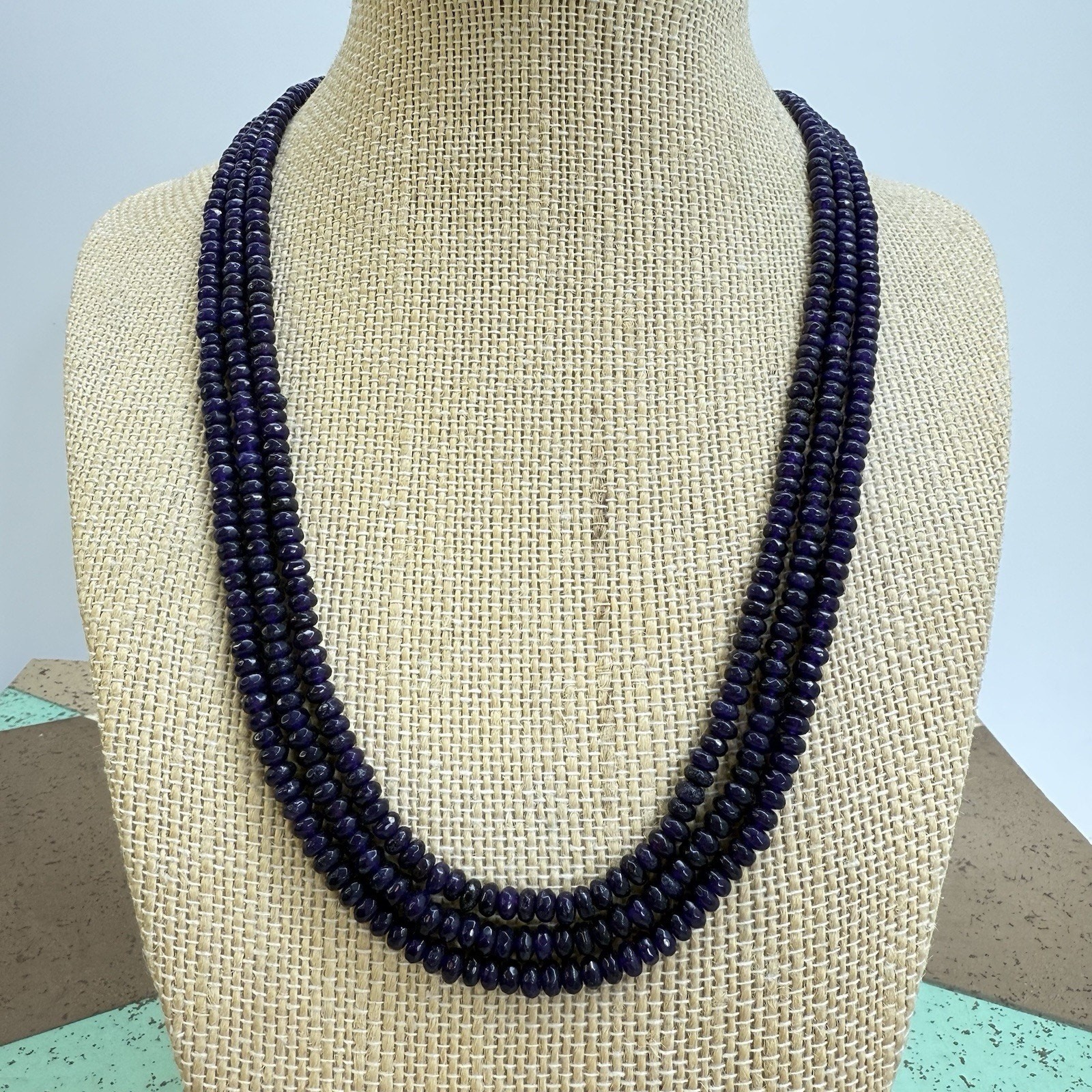 Vintage 3 Strand Purple Iolite Bead Necklace Faceted Iolite Floral Clasp