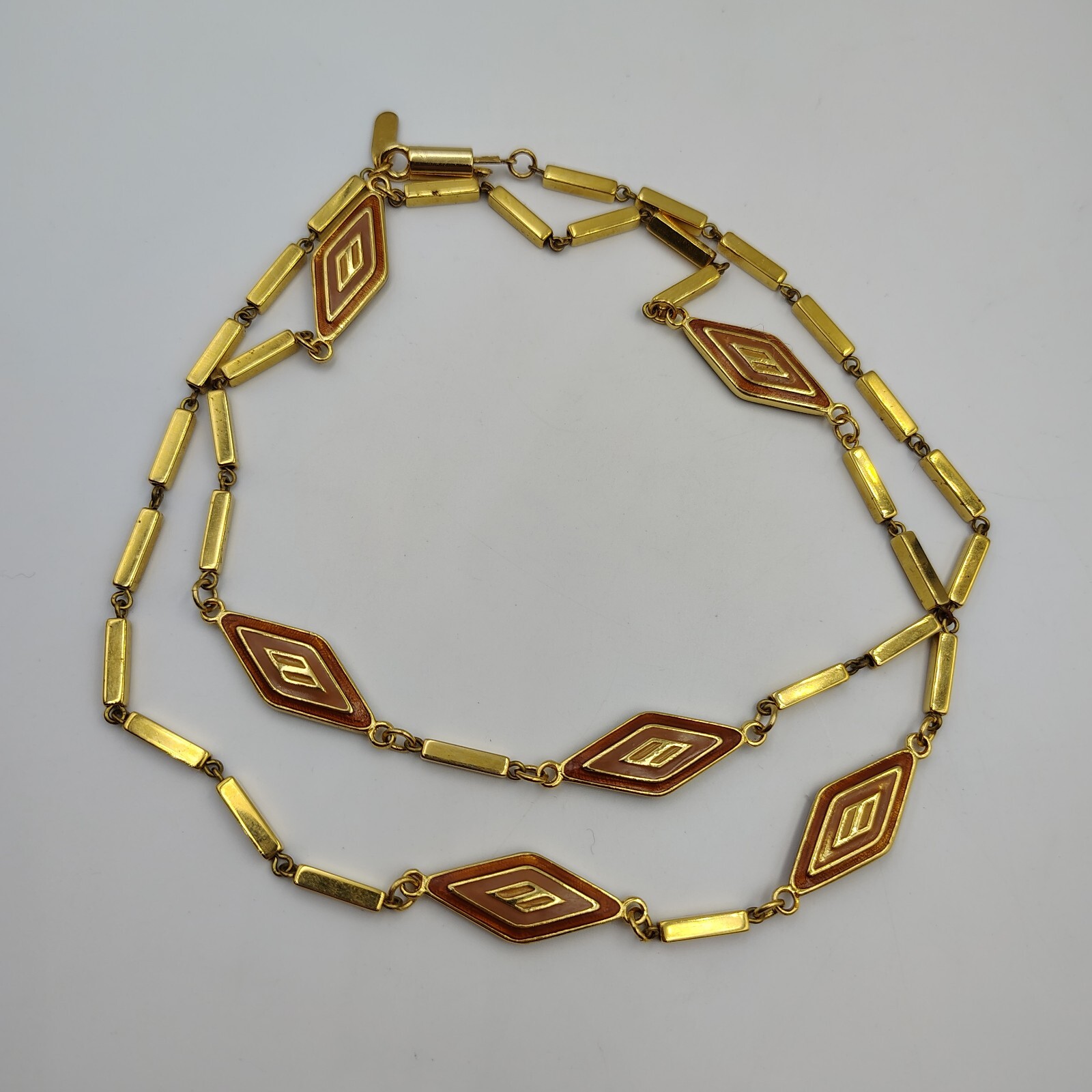 Vintage Orena Paris Gold Tone Enamoring Geometric Station Long Necklace