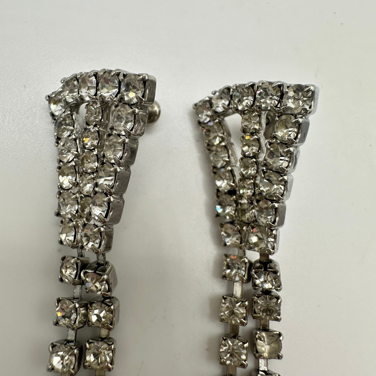 1950s 1960s vintage silver tone clear rhinestones fringe drop post earrings