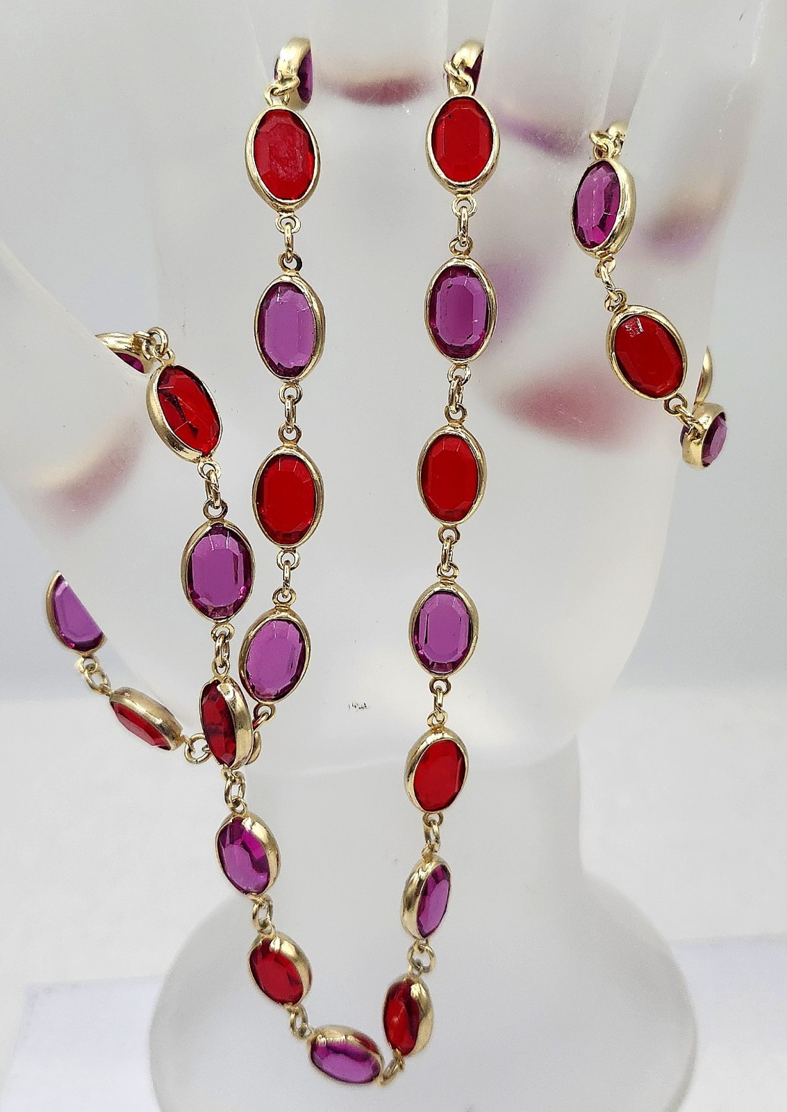 Vintage Bezel Set Oval Fuchsia Pink & Red Crystal Opera Length Necklace 29″ Long