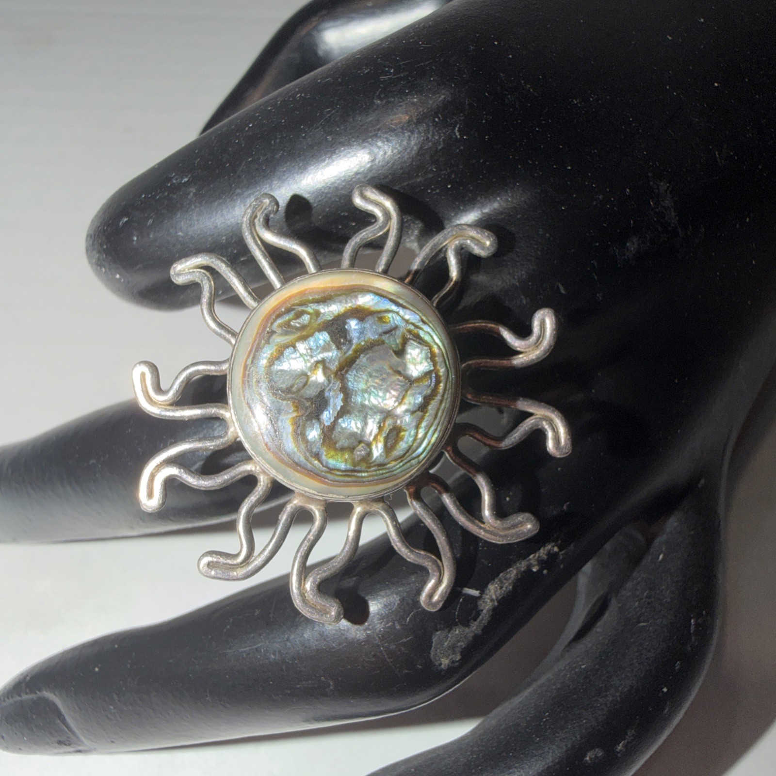 Vintage 925 Silver MEX Sun Moon Abalone Ring Adjustable