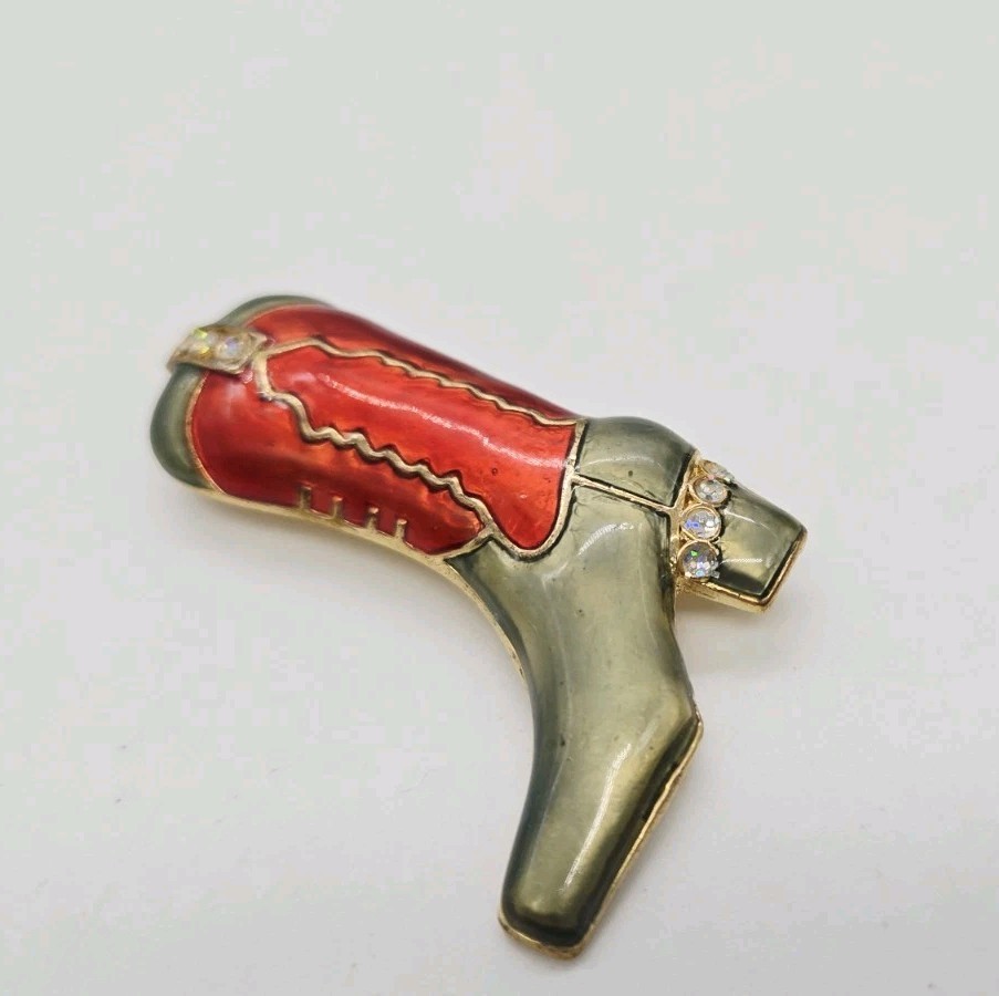 Western Boot Brooch Cowgirl Cowboy Rodeo Pin Enamel Red Grey Gold Tone 1.75 in