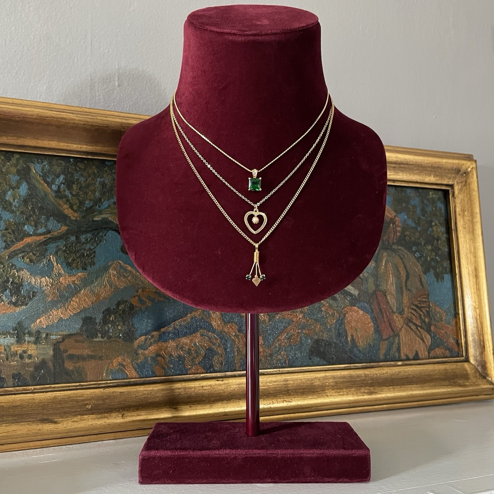 Vintage Dainty Necklace Set (3) Emerald Green Rhinestone Gold Tone Heart May Lot