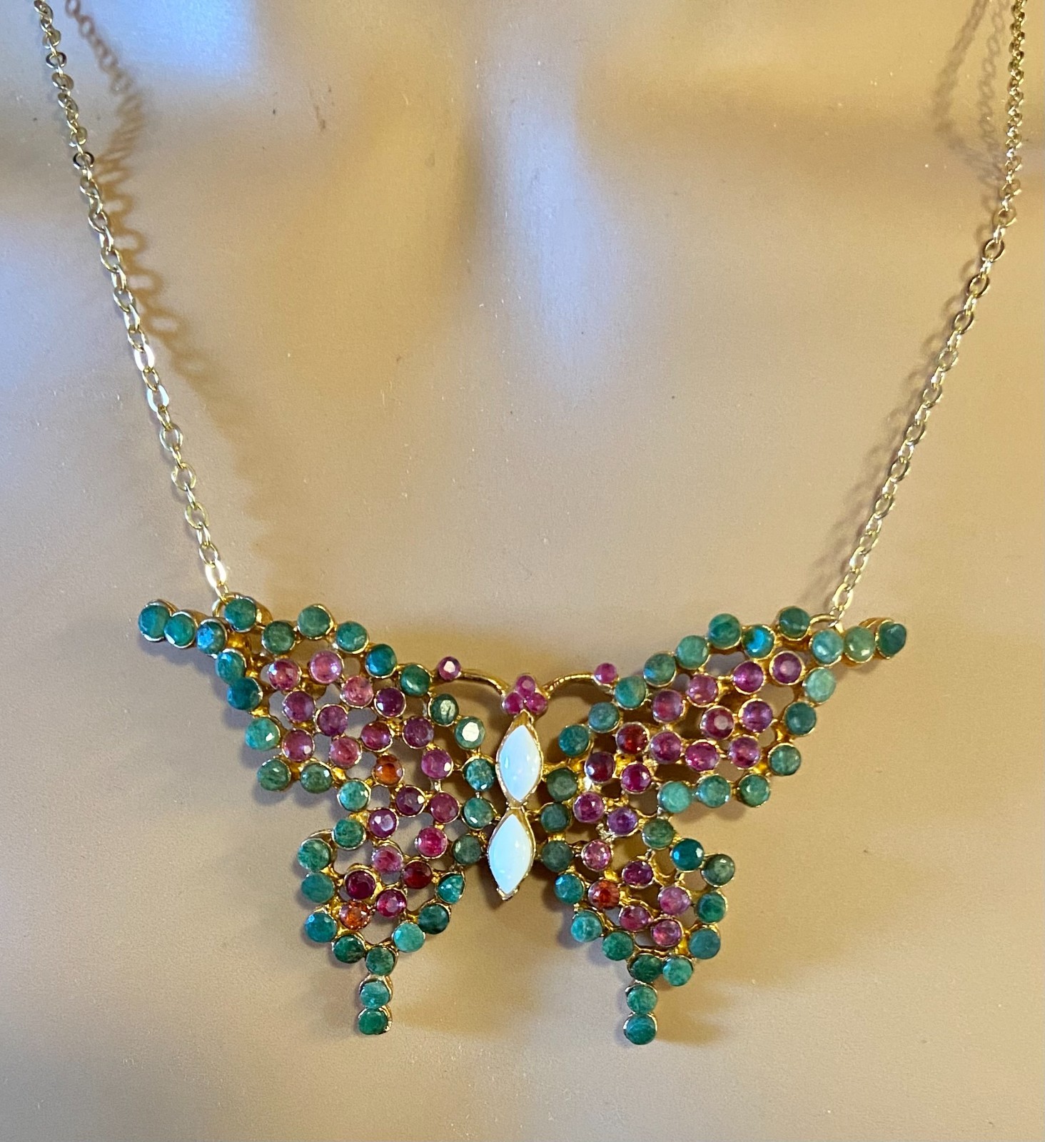 AUTHENTIC SWOBODA BUTTERFLY PENDANT ~ GENUINE EMERALD, RUBY, OPAL ~ WOW!