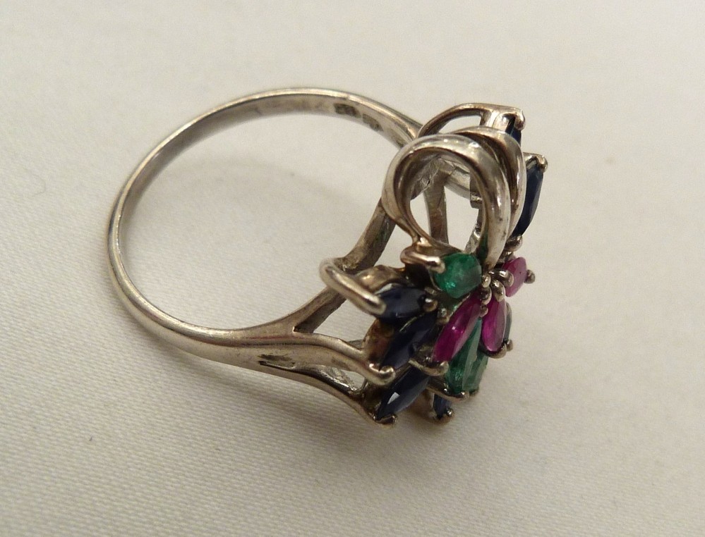 DESIGNER SIGNED EMERALD SAPPHIRE RUBY GEMSTONES STERLING SILVER RING SIZE 9