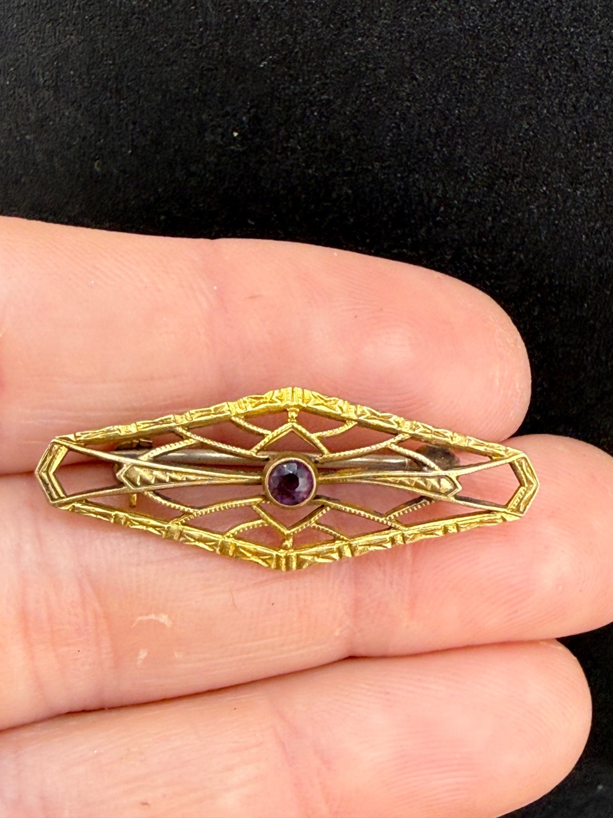 Vintage Gold Filled Filigree Brooch Rhinestone Purple