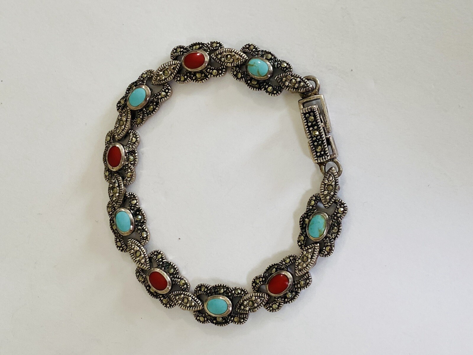 Vintage Sign Sterling Silver Multi Stone Turquoise Coral Marcasite Link Bracelet