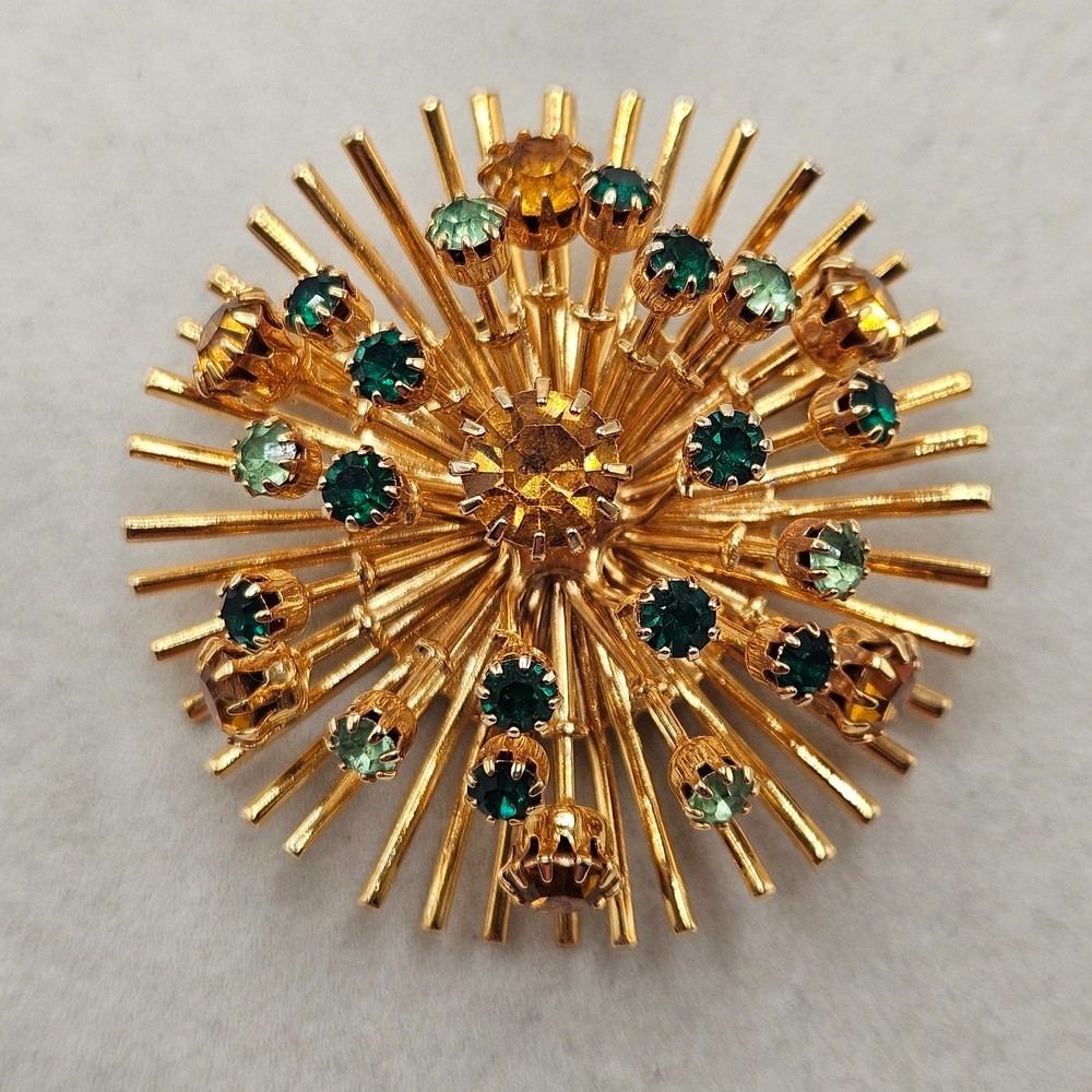 VINTAGE 3D Gold Tone Rhinestone Atomic Starburst Brooch Pin Convertible Pendant