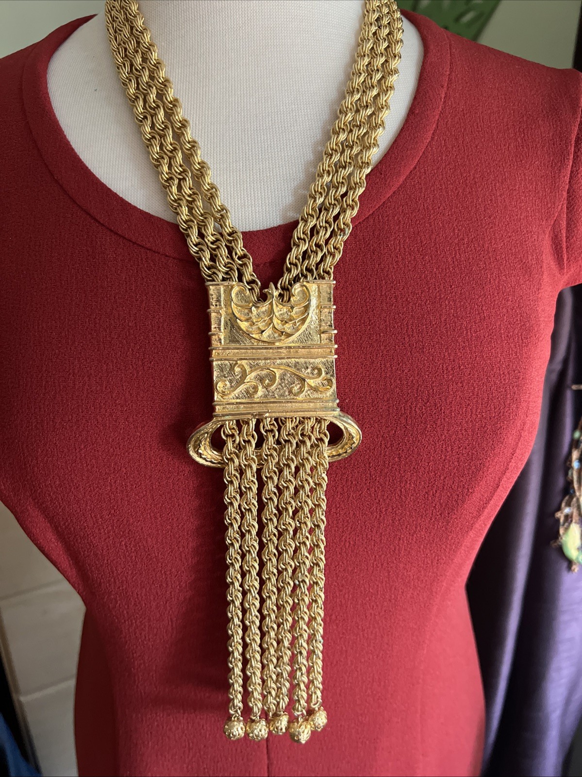 French Couture Gold Plate Etruscan Lariat Statement Necklace