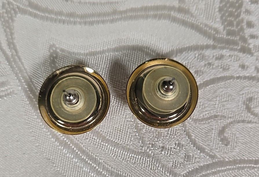 2 Pair Pierced Earrings purple gold & green white domed button plastic