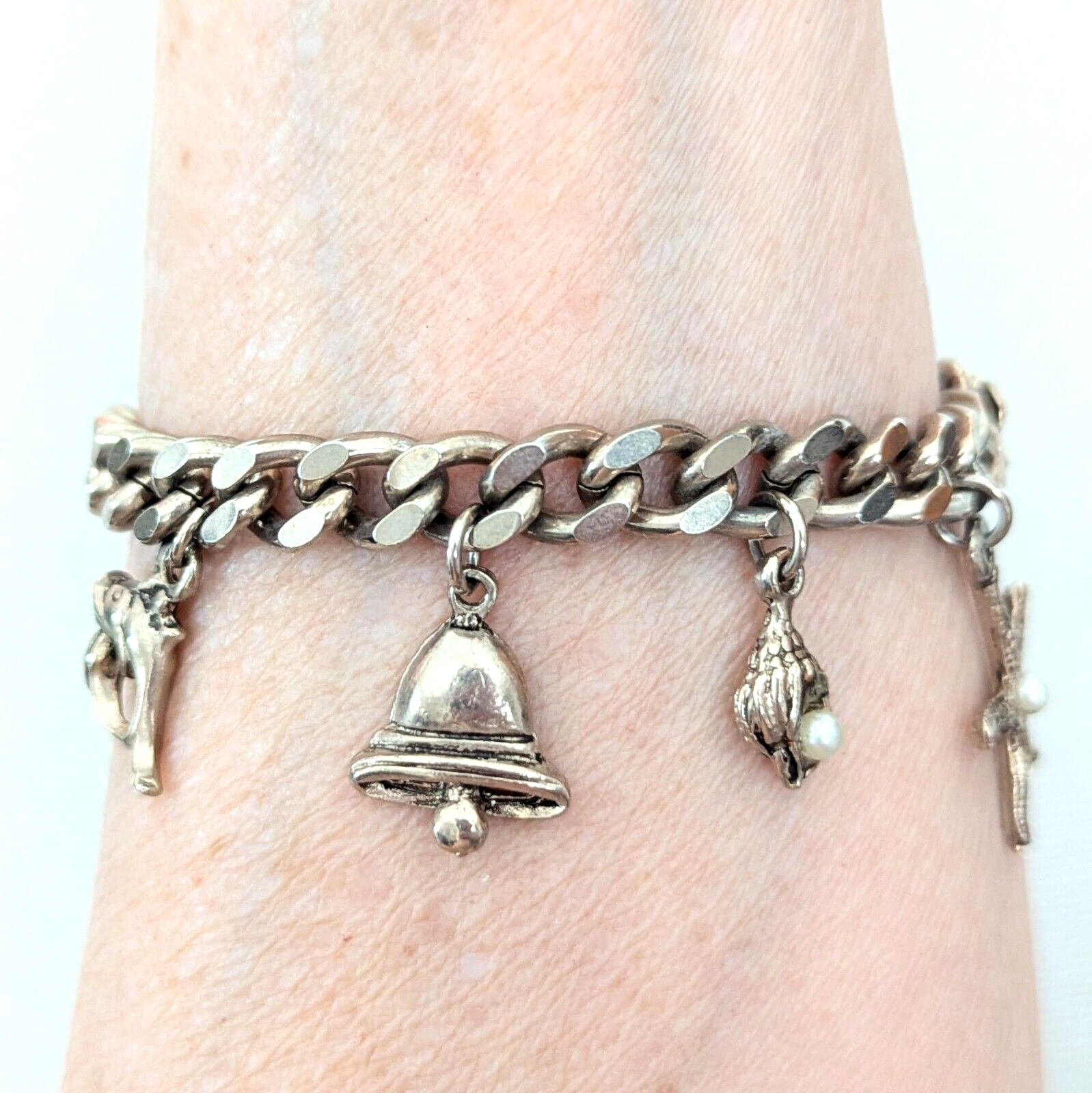 Charm Bracelet Starfish Ship Conch Shell Charms Curb Chain Vintage Jewelry 7″