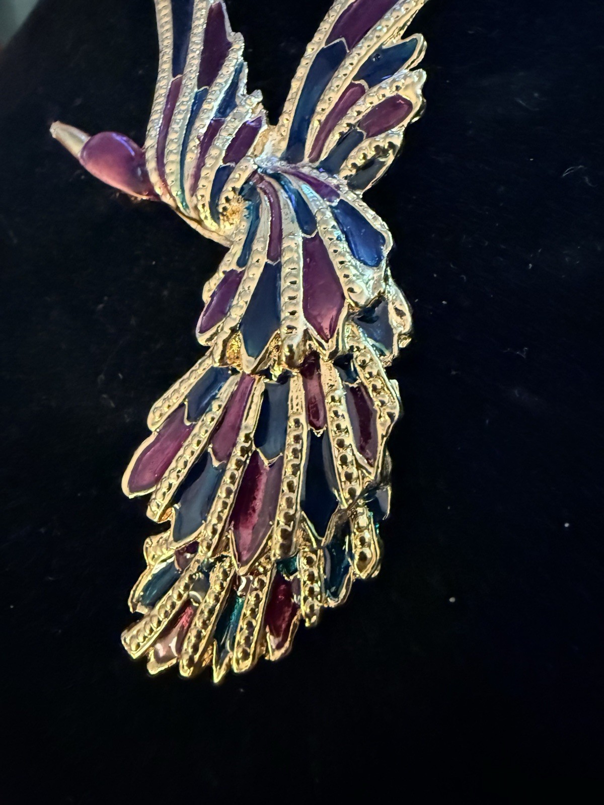 Vintage 80s large cloisonné purple and Blue Gold Toned Brooch