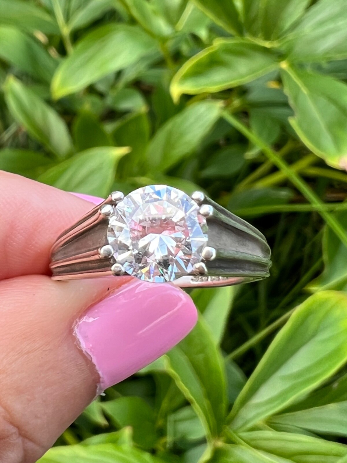 VINTAGE ROUND CZ TENSION SETTING RING 925 SS HEART DETAIL ENGAGEMENT WEDDING