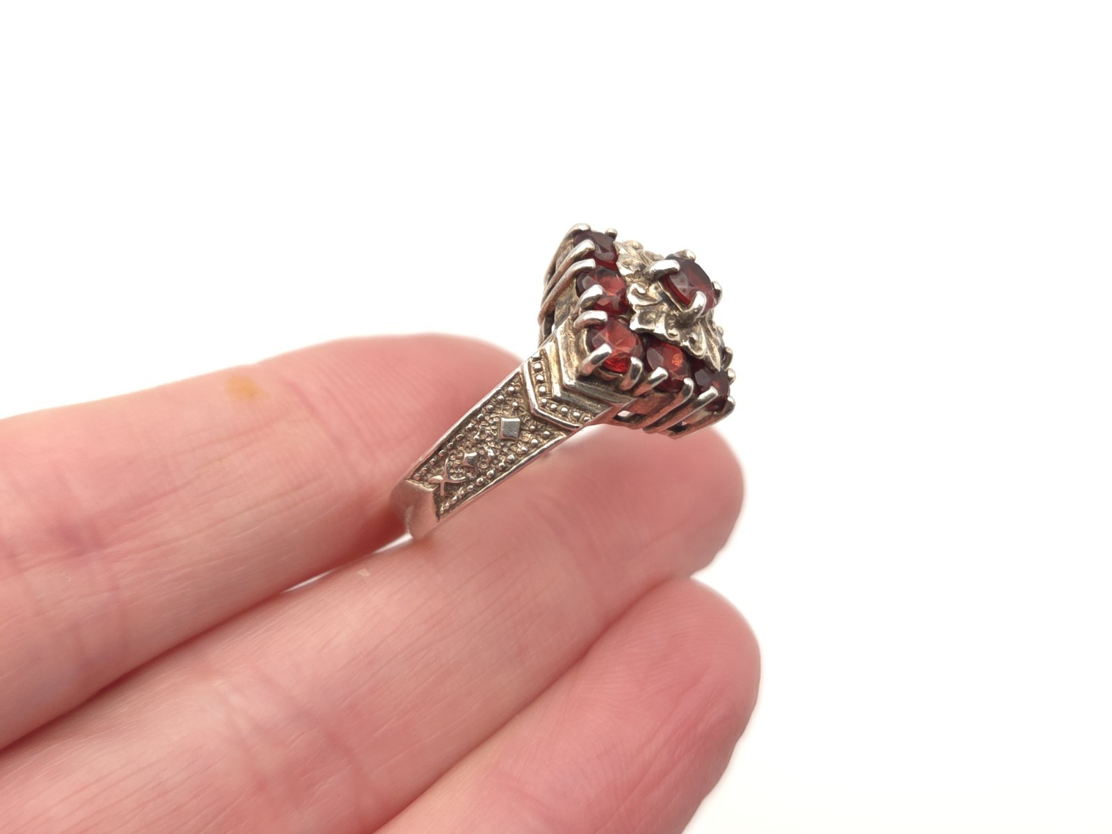 Vintage Sterling Silver Victorian Style Garnet Filigree Ring Signed CNA THAILAND