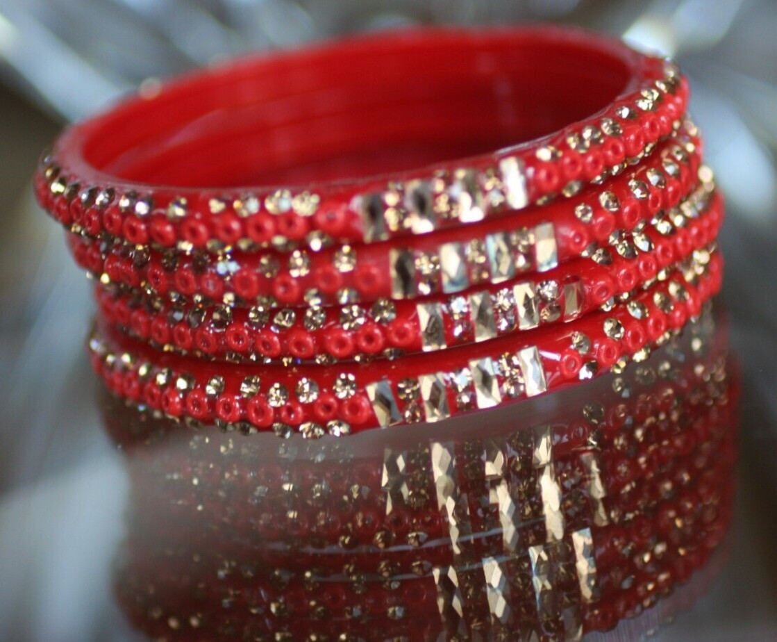VINTAGE *FOUR RED BEADED PLASTIC BANGLES W/GOLD PIPING* VERY SMALL WRIST ONLY