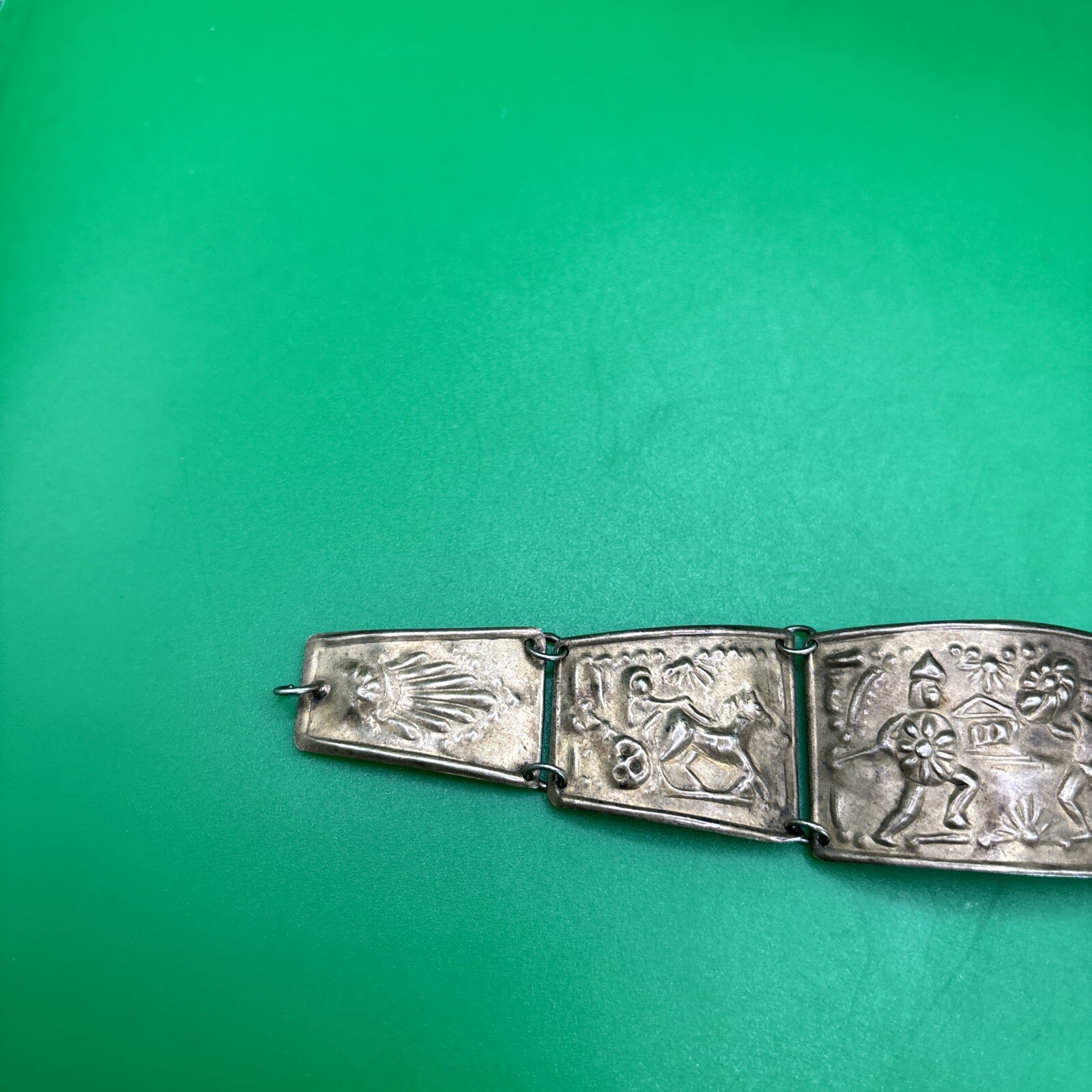 Vintage Signed 1175 AR 925 Gold Wash Sterling Panel Battle Scene Bracelet