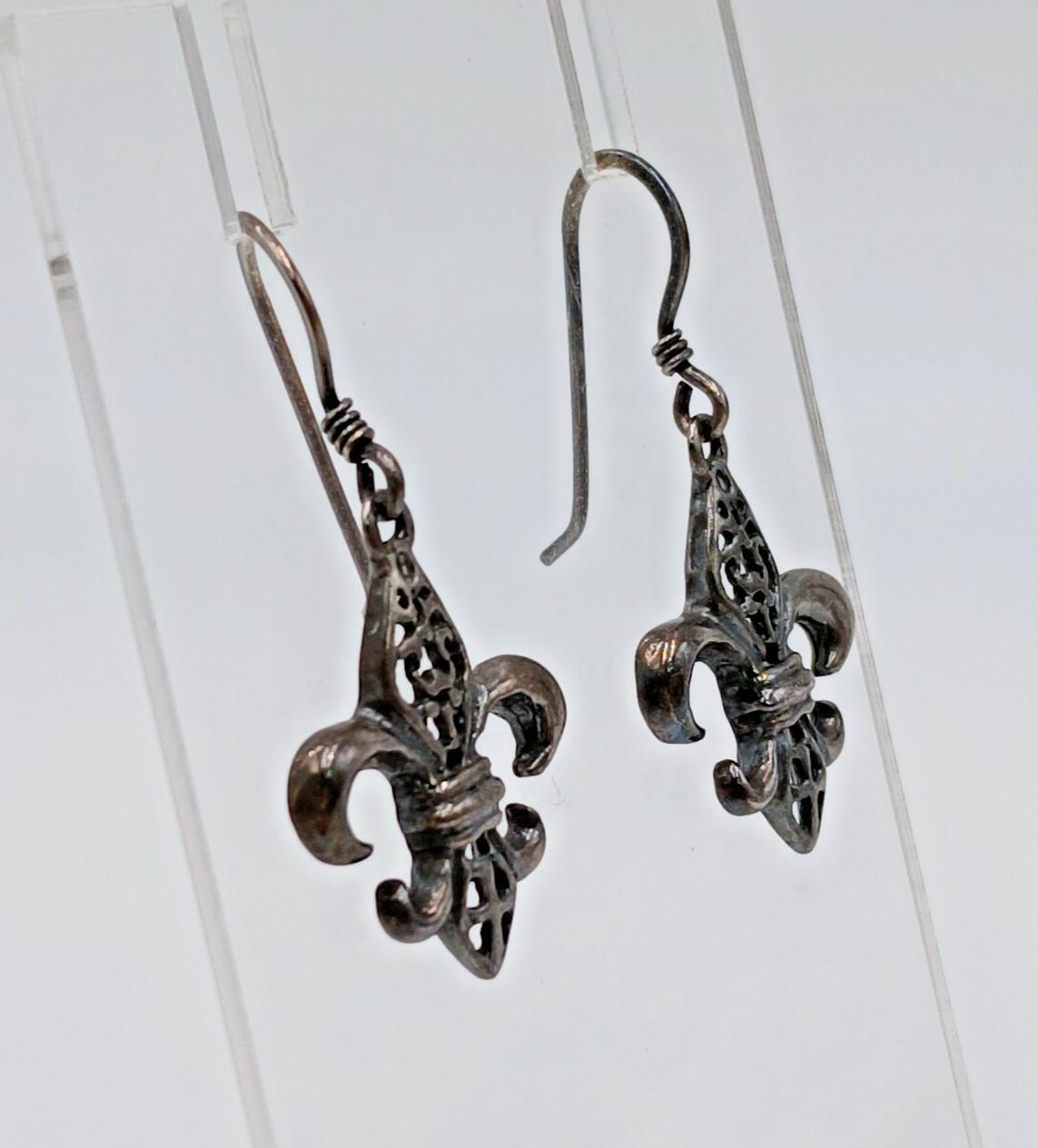 VTG 925 Fleur De Lis Dangle Earrings 1.5in Drop Sterling Silver 2g Estate