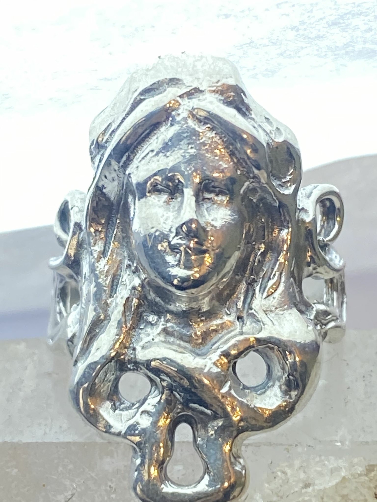 Face ring with long hair art deco influences sterling silver