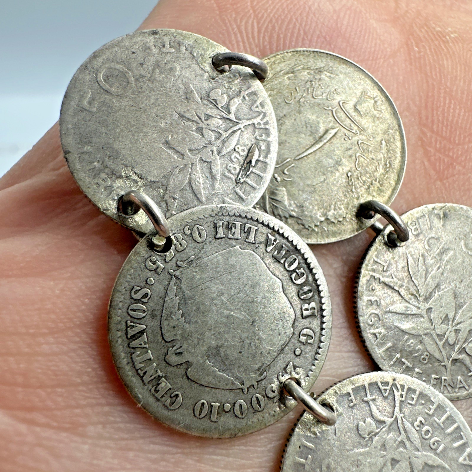 Antique Multinational Coin Link Silver Bracelet Years 1853 – 1903 19g Sz 6.25