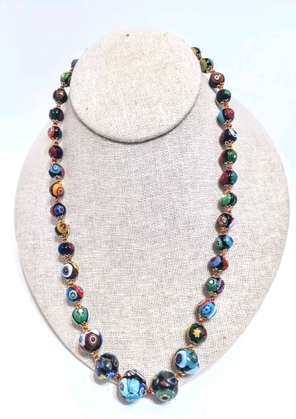 Beaded Necklace Millefiori Multi Color Glass 20″ Strand 1920’s Fish Hook Clasp