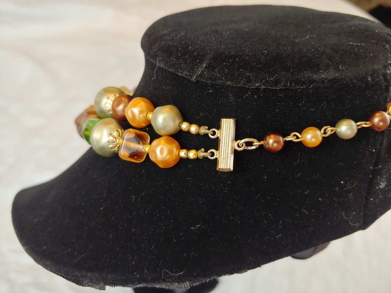 Vintage MCM 1950s Peach Gold Green Brown Bead Costume 2 Strand Necklace VGUC!