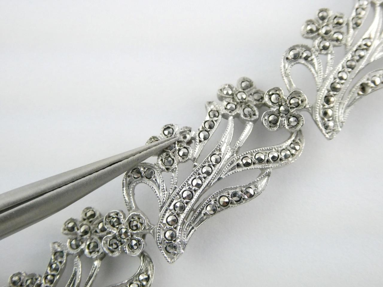 Vintage Deco Style Sterling Silver Marcasite Studded Bracelet 7.25 In GEMS MISS