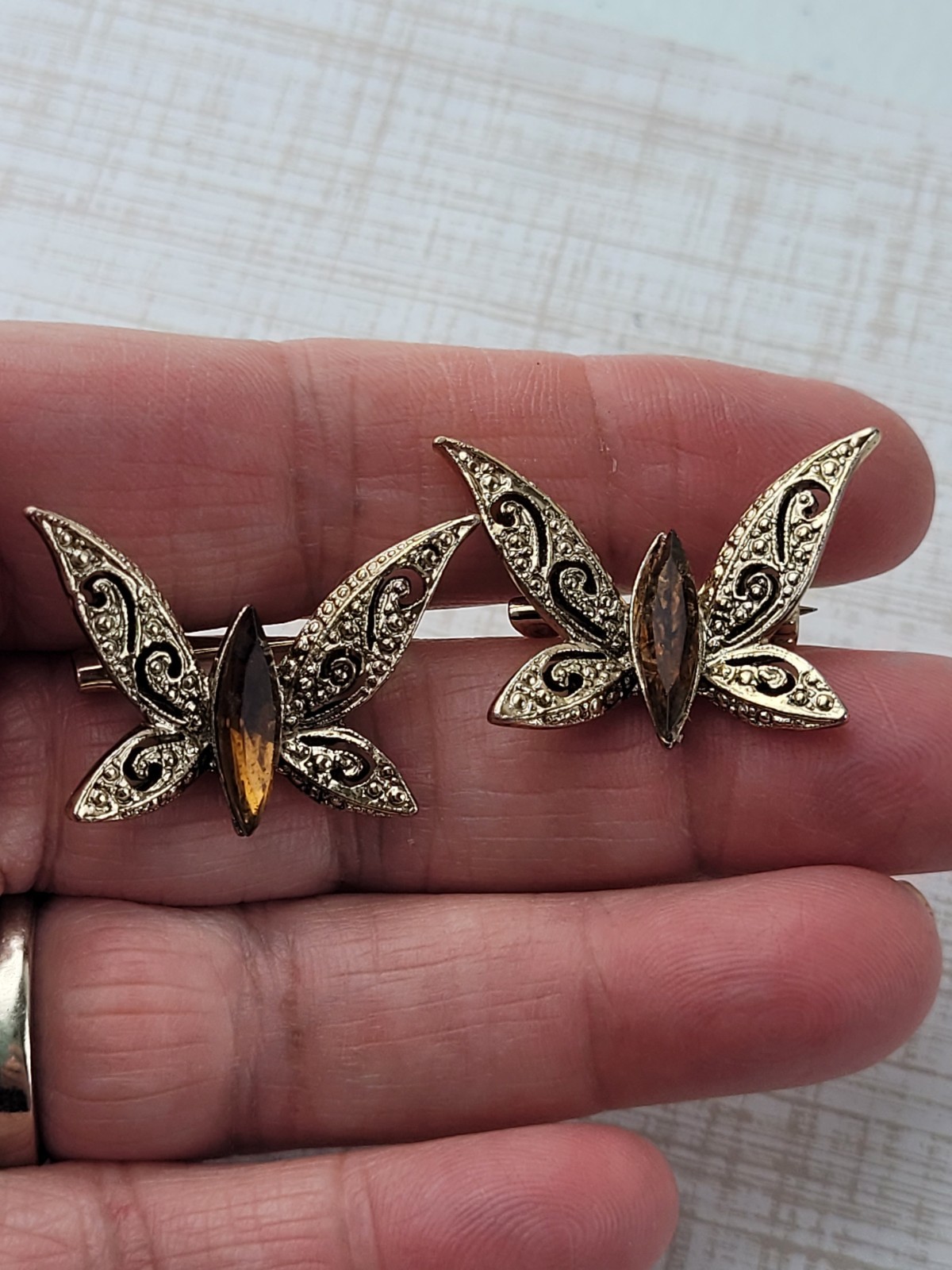 2 Small Gold Tone Butterfly Scatter Pins With Amber Brown Rhinestones 1″