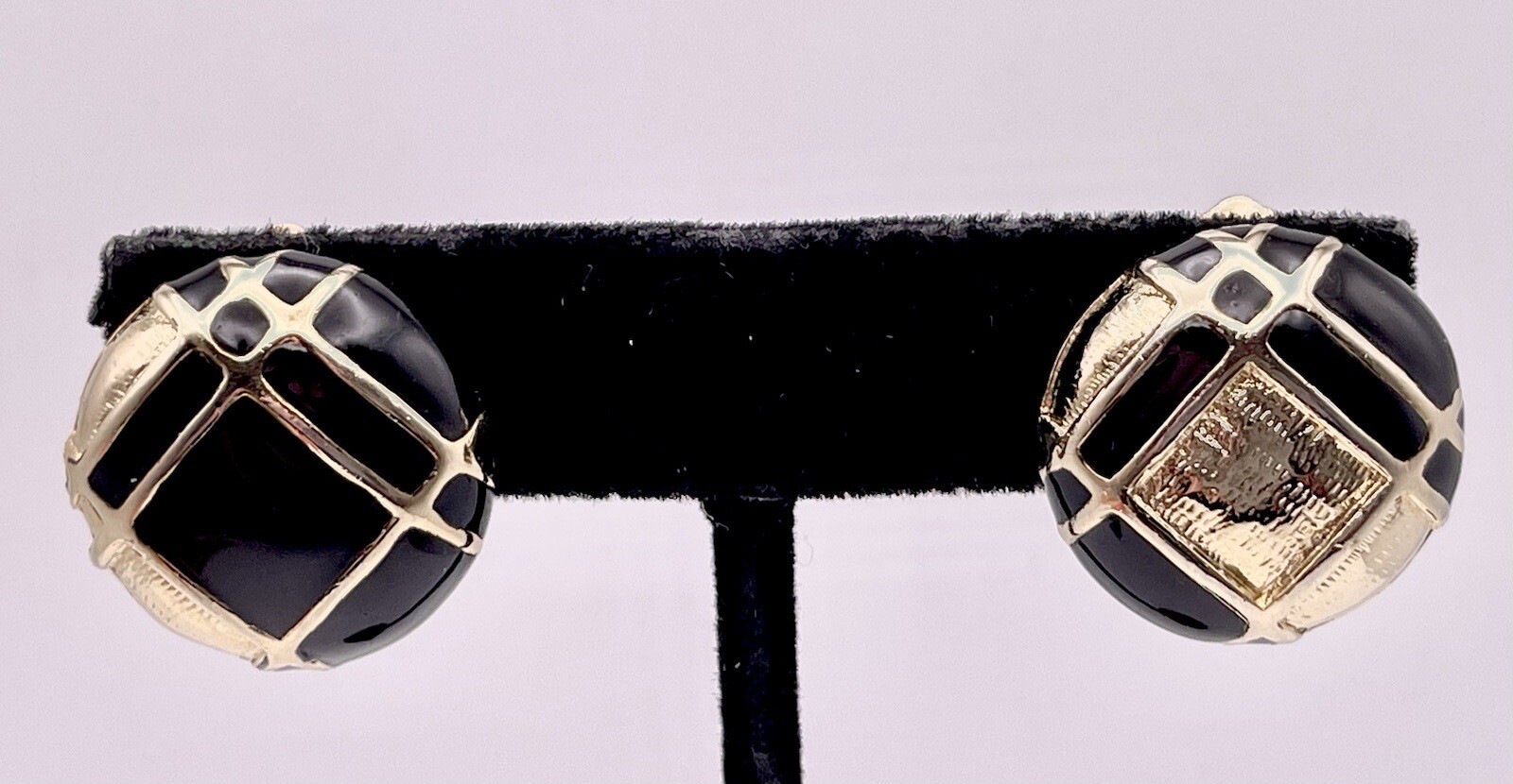 Vintage Orena Paris Round Gold Tone w Black Enamel Clip On Earrings