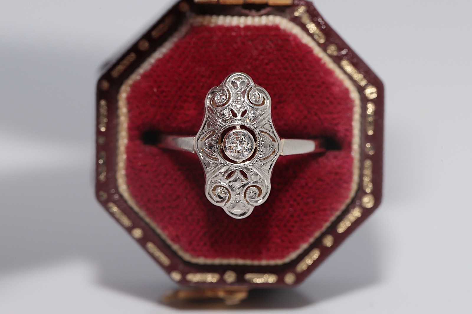 Antique Circa 1920s Art Deco 14k Gold Natural Diamond Decorated Navette Ring