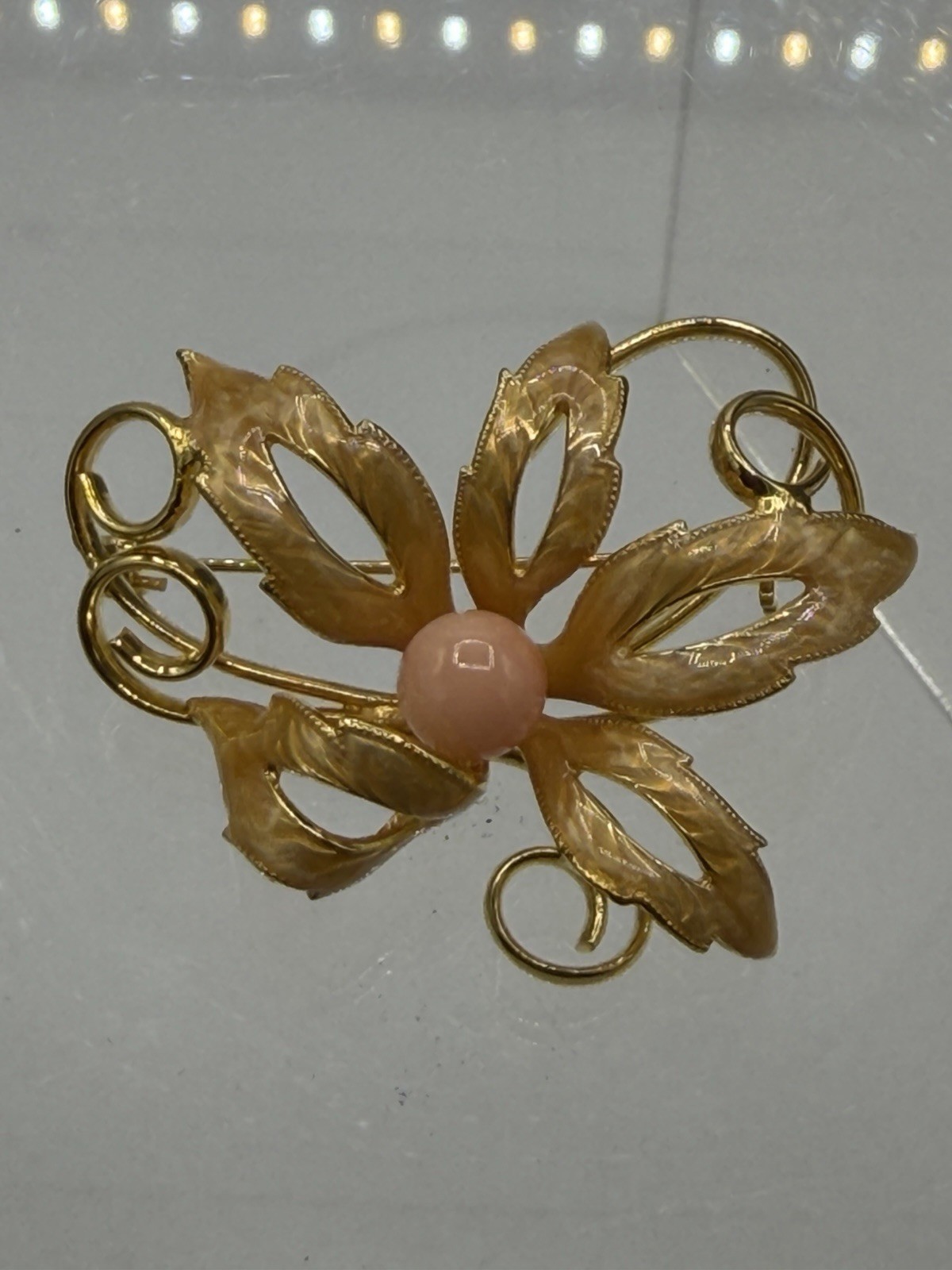 Vintage Coral Orchid Flower BROOCH Pin Champagne Enamel Gold Finish Peach