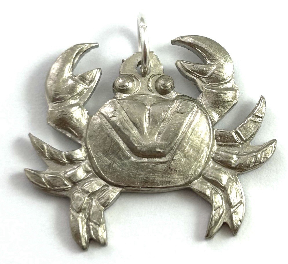 Vintage Crab Charm Pendant Etched Silver Plated Brass Vintage Jewelry Nautical