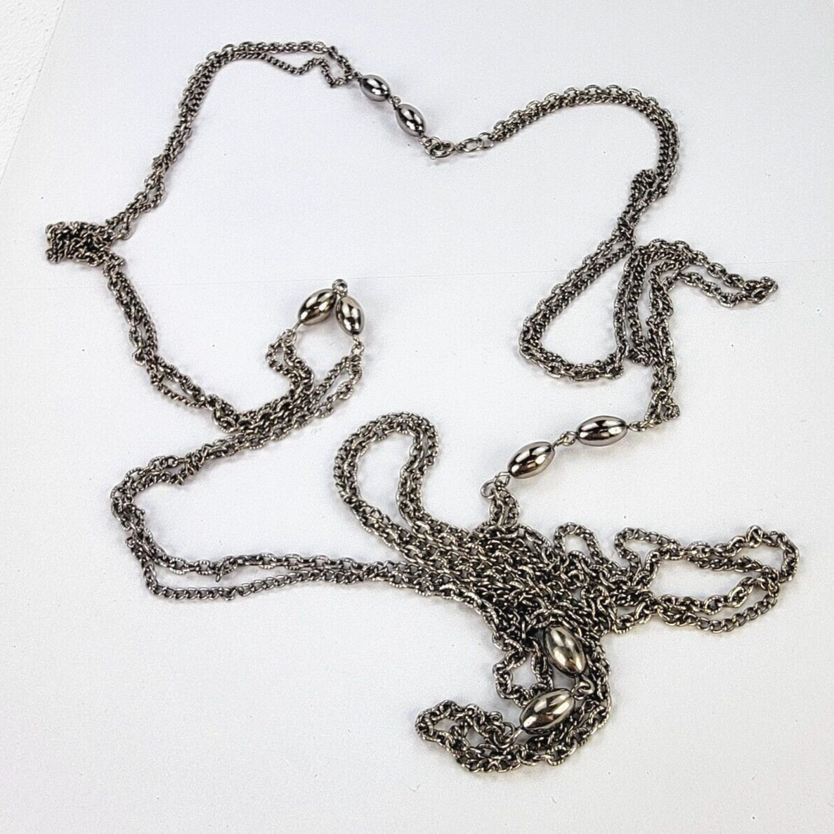 Vintage Silver-Tone Double Chain Oval Metal Bead Charm Station Necklace 54 in