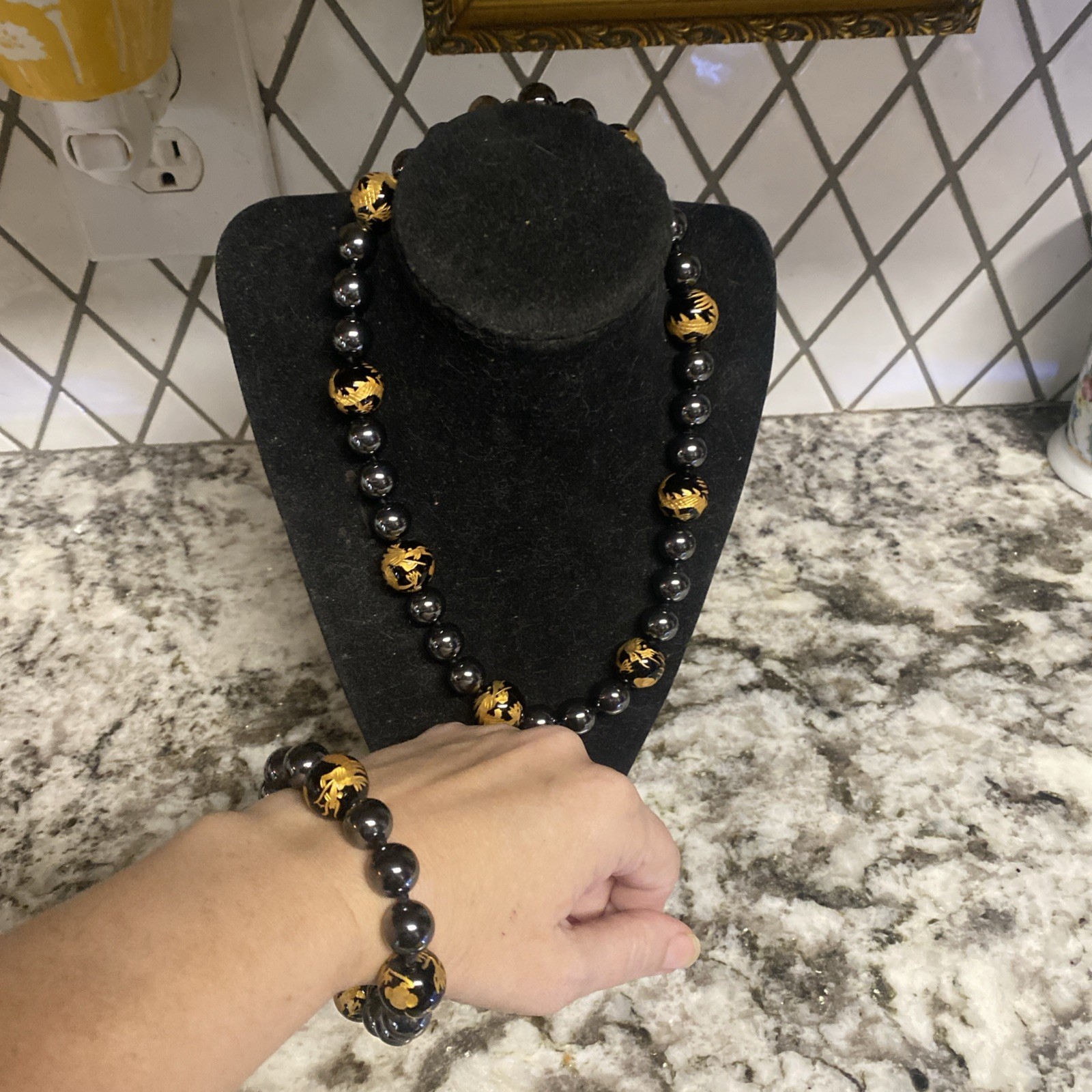 Black Onyx Chinese Embossed Dragon Necklace & Bracelet 925 Earrings Hematite