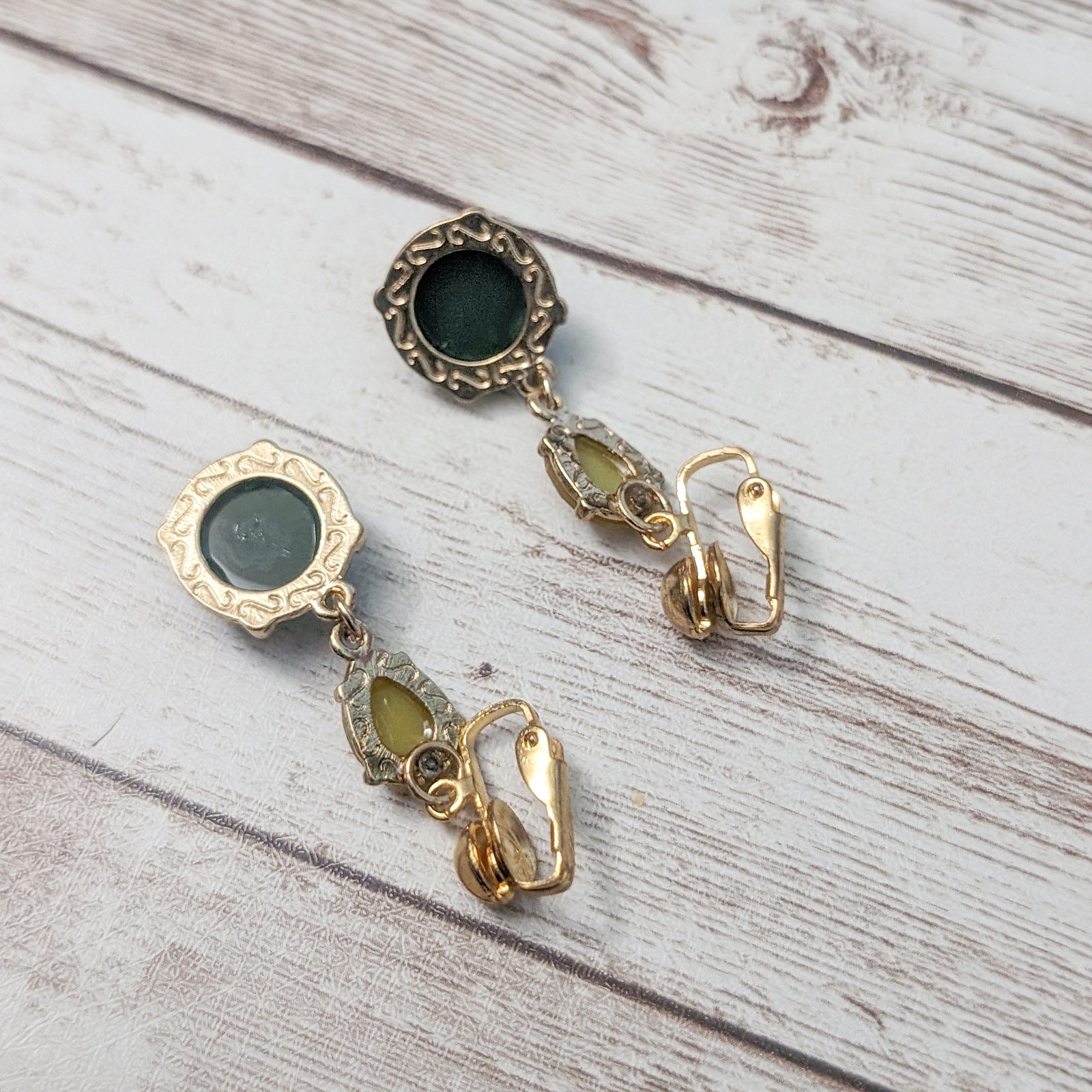 Vintage Clip On Earrings Dark Green and Dusky Yellow