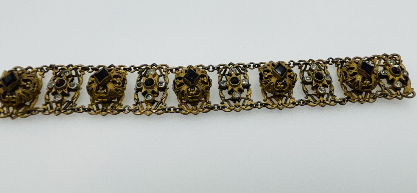 Antique Czech Purple Glass Brass Ornate Bracelet