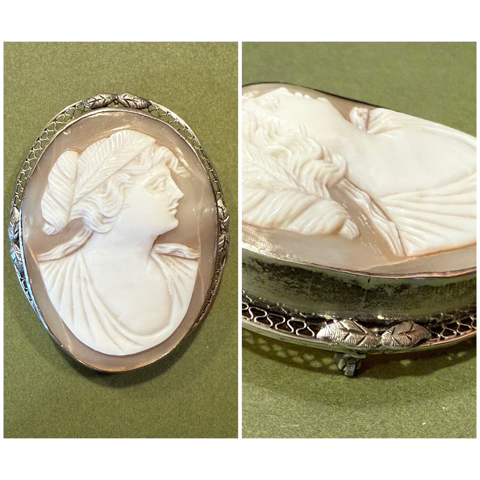 Vintage Ornate Sterling Silver Angel Skin Coral Cameo / 2″ x 1.5″ / BEAUTIFUL