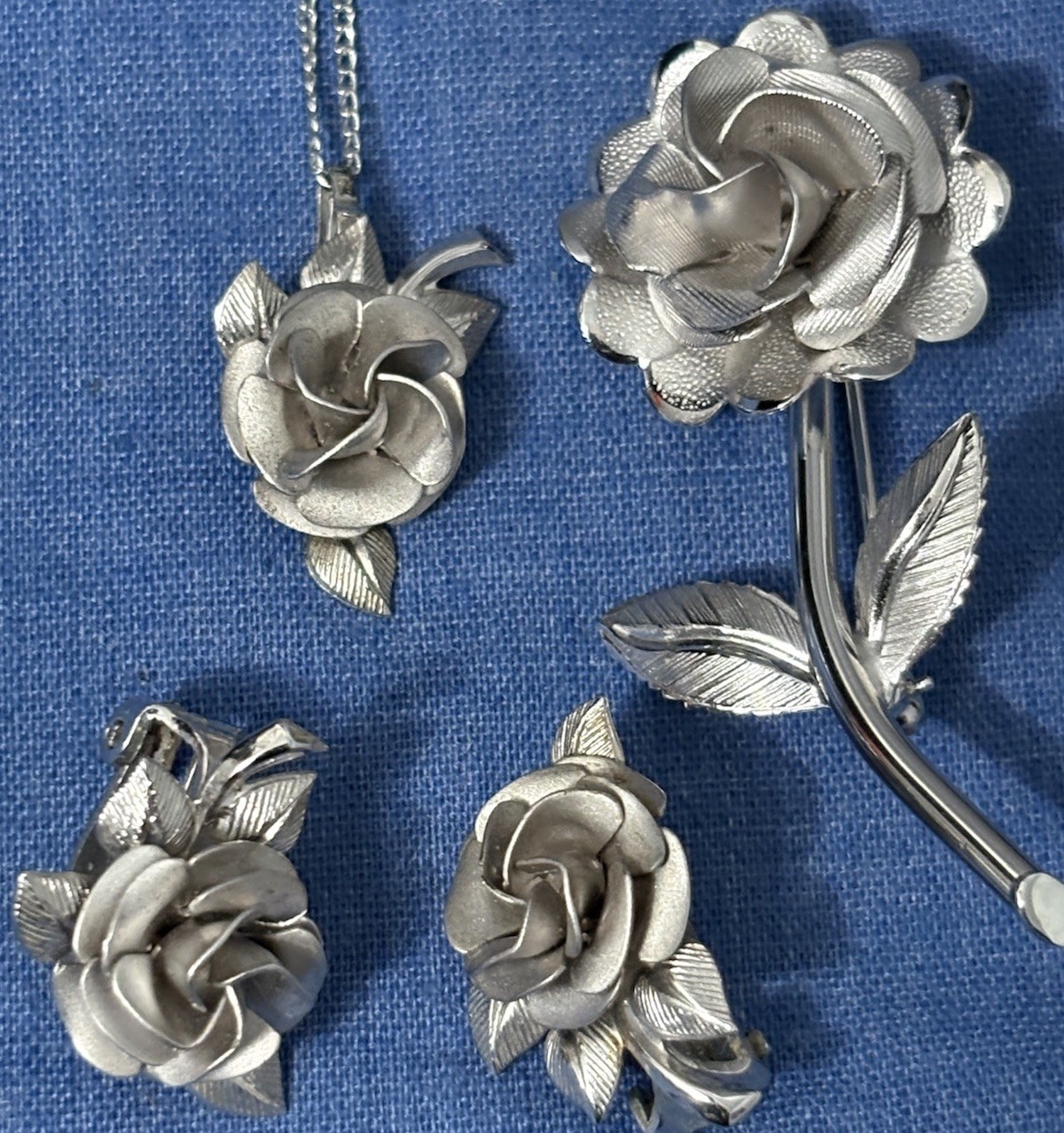 Vintage Sterling Silver AC Necklace Earring Brooch Set Flowers Dimi Parur Sign