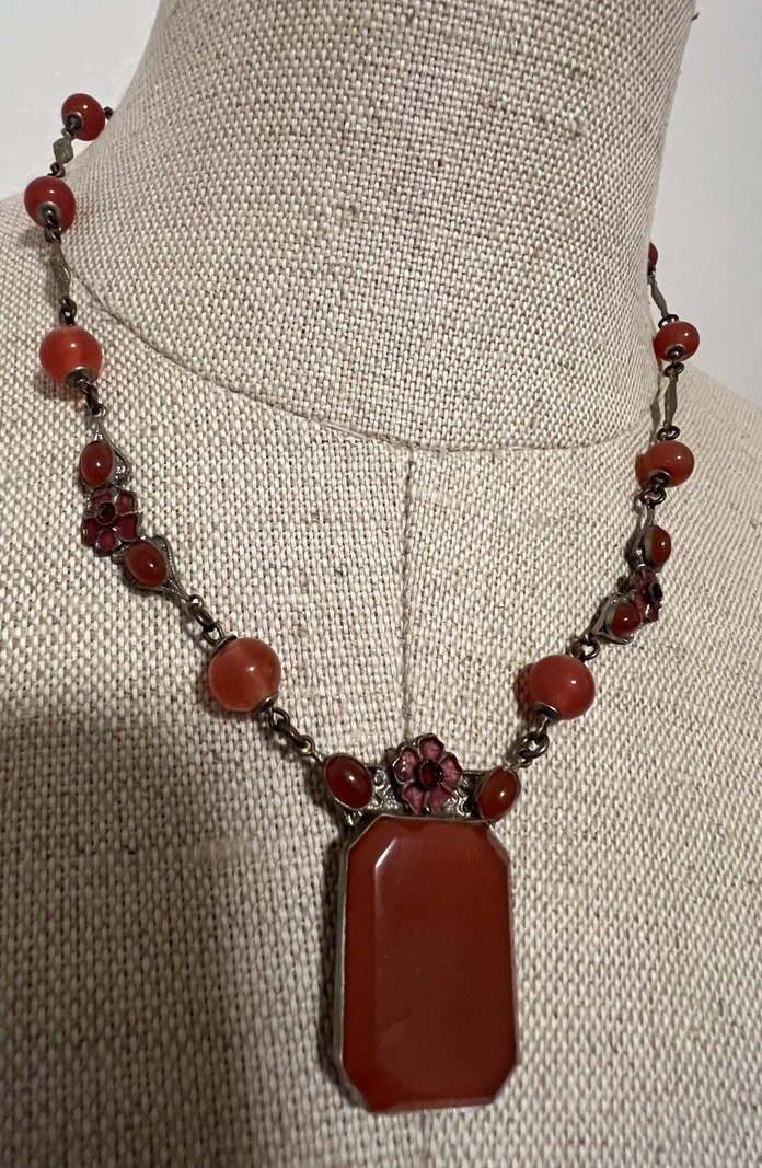 Vintage CZECH Faux Carnelian Glass Enamel Floral Station Pendant Necklace Signed