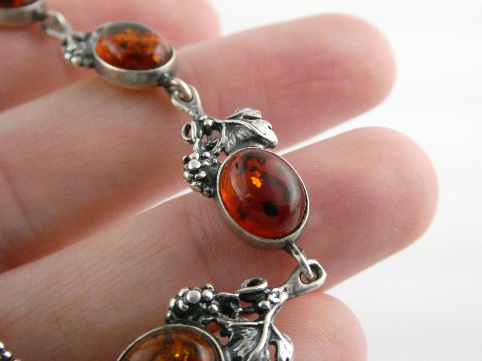 Vintage Sterling Silver Amber Cabochon Grape Vine Link Bracelet 925 7.25In 10.6g