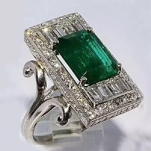 Vintage Style 6 Ct Green Emerald Cut Diamond Engagement 14K White Gold FN Ring